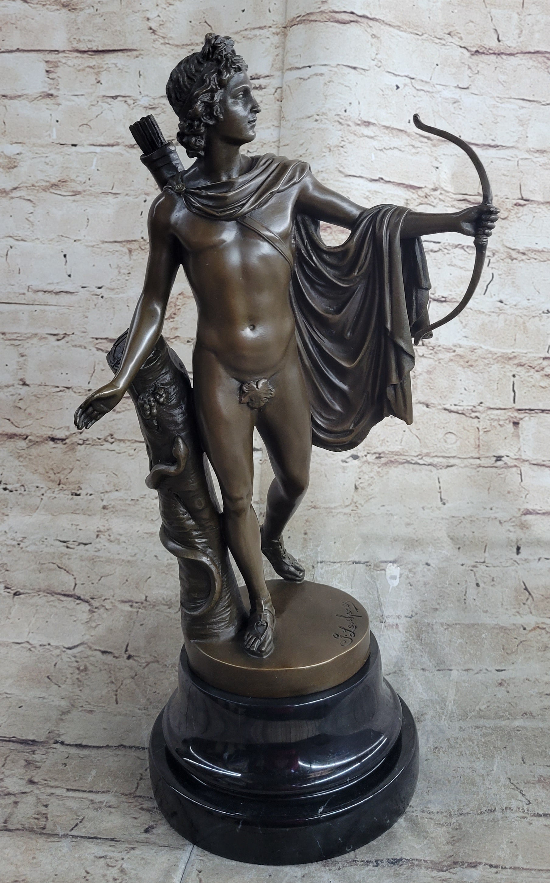 Greek Roman God Apollo as an Archer Holding Bow Bronze Sculpture Statue Nude Figure