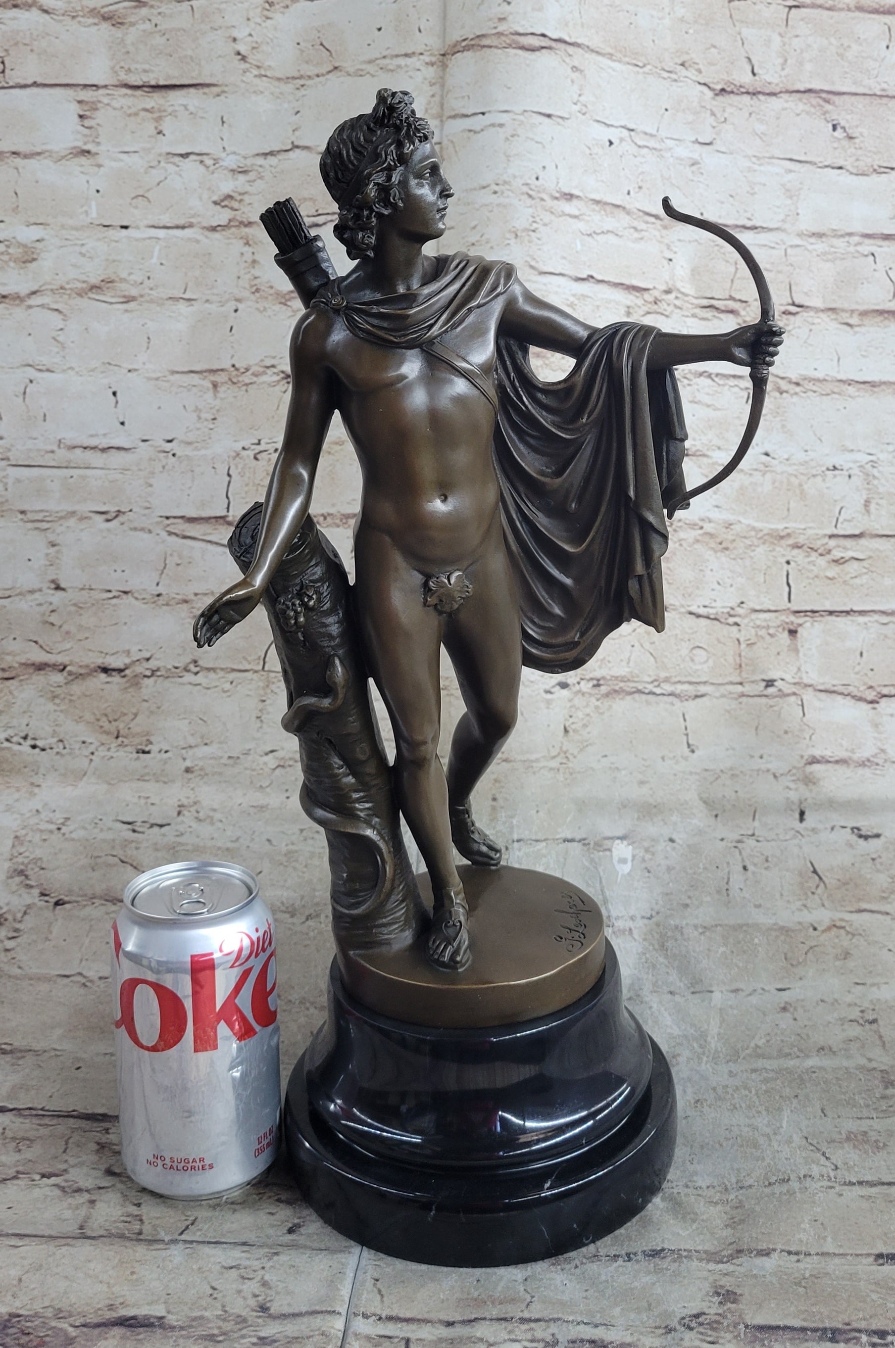 Greek Roman God Apollo as an Archer Holding Bow Bronze Sculpture Statue Nude Figure