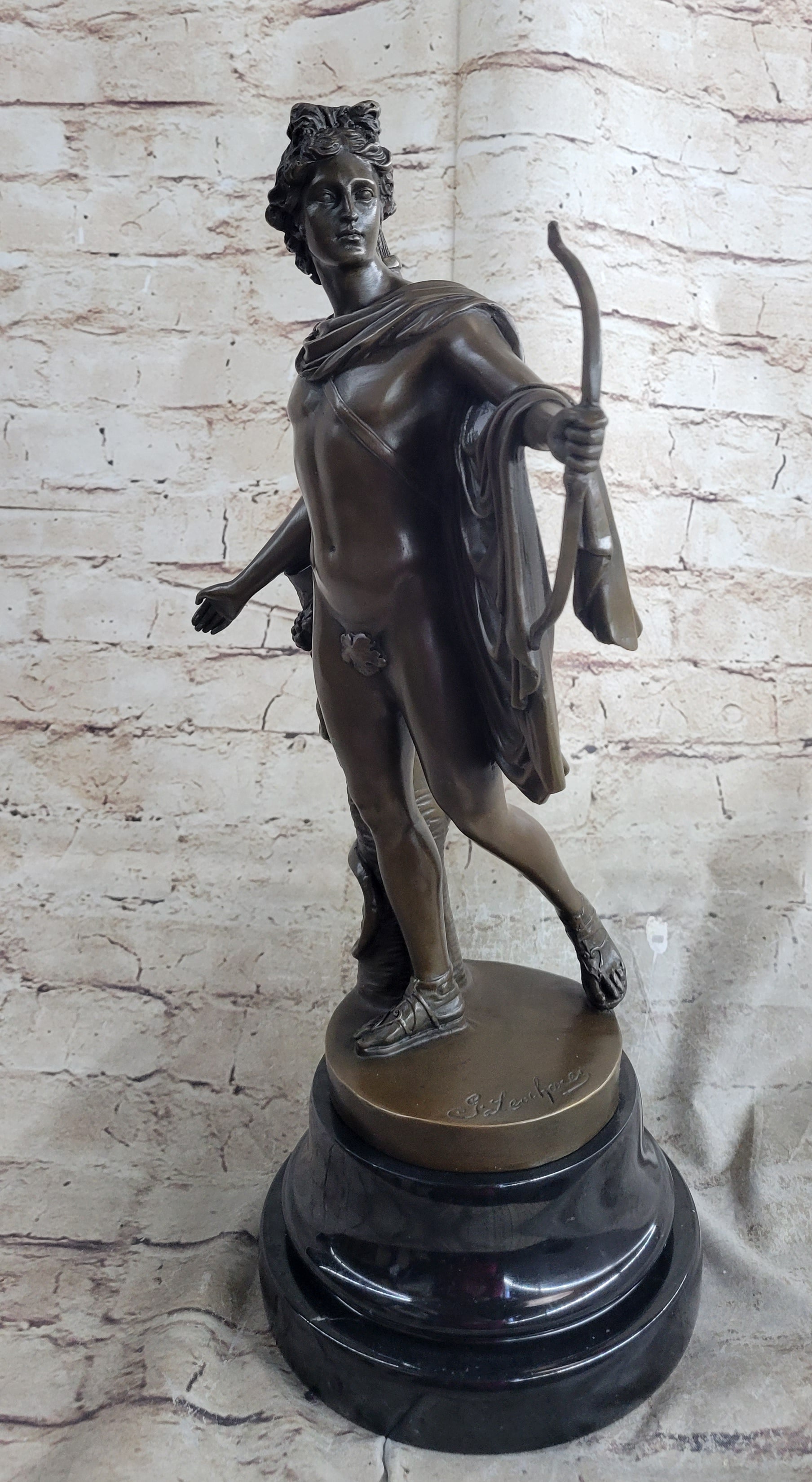 Greek Roman God Apollo as an Archer Holding Bow Bronze Sculpture Statue Nude Figure