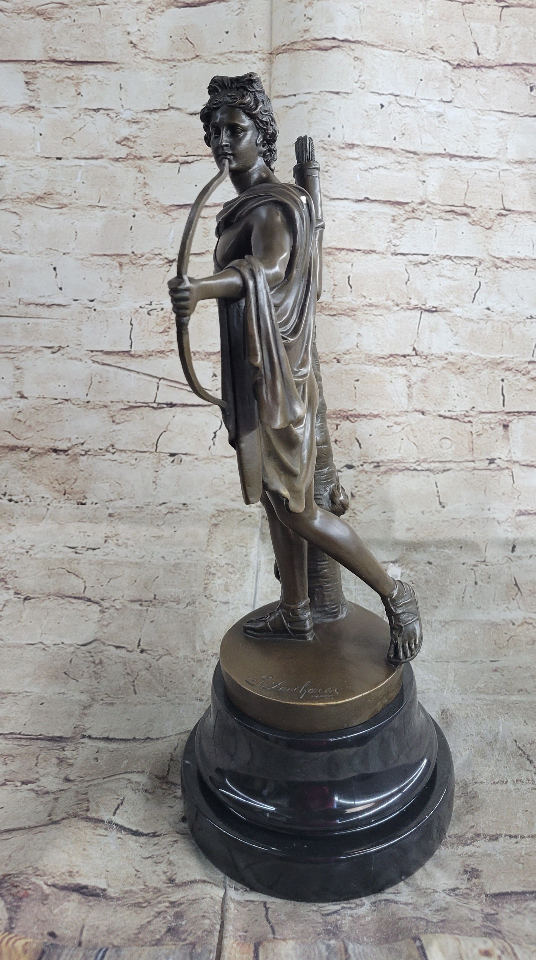 Greek Roman God Apollo as an Archer Holding Bow Bronze Sculpture Statue Nude Figure