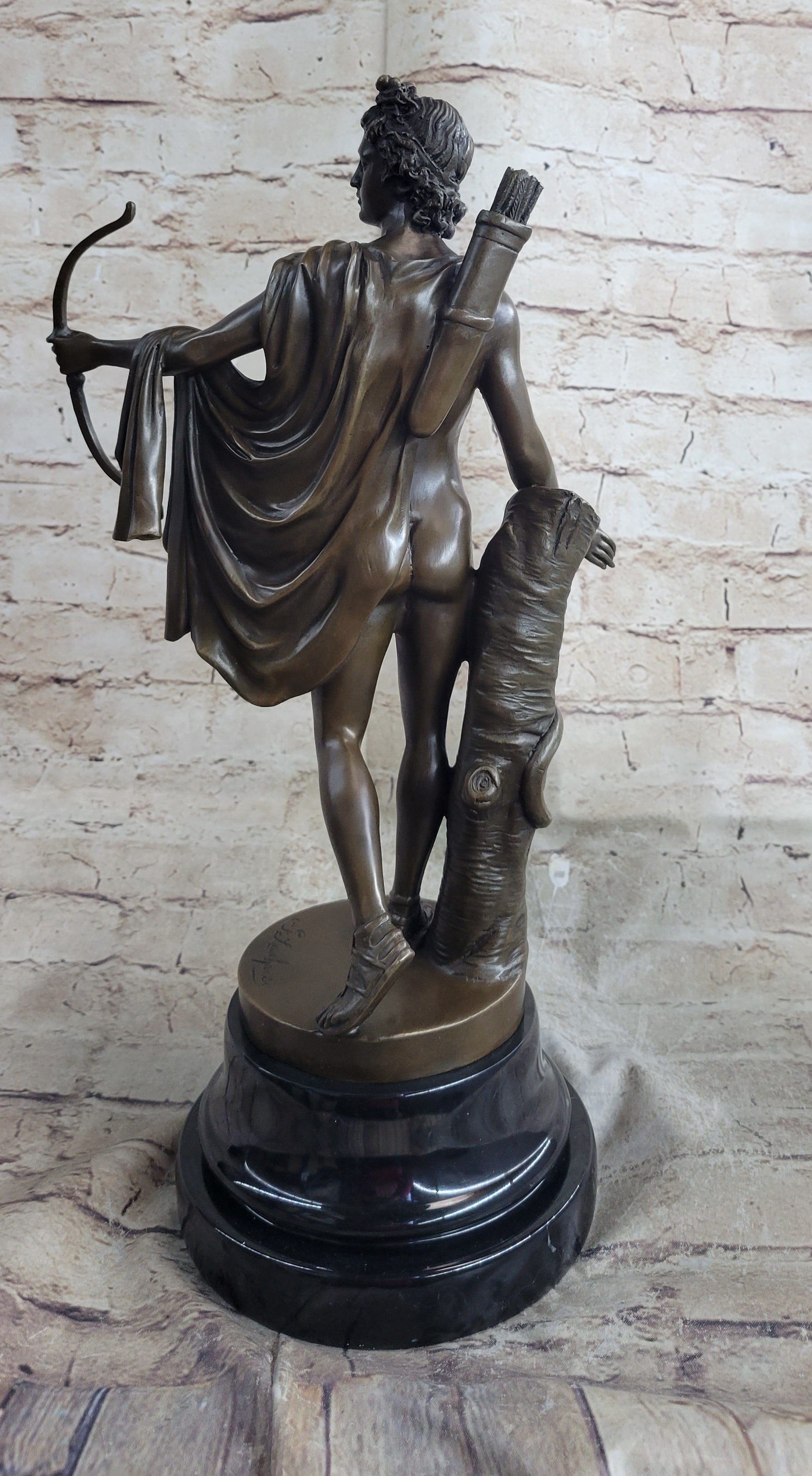Greek Roman God Apollo as an Archer Holding Bow Bronze Sculpture Statue Nude Figure