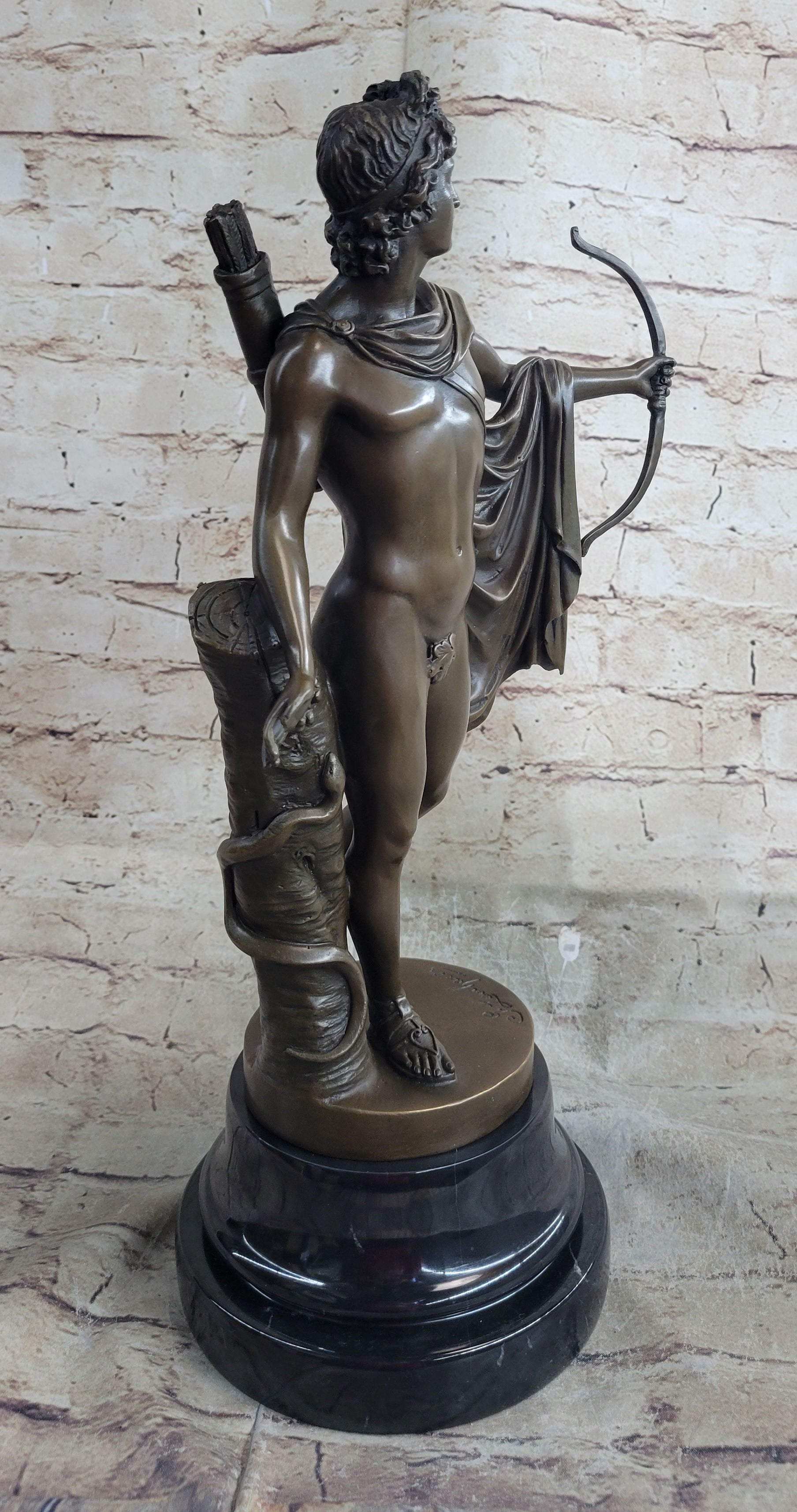 Greek Roman God Apollo as an Archer Holding Bow Bronze Sculpture Statue Nude Figure
