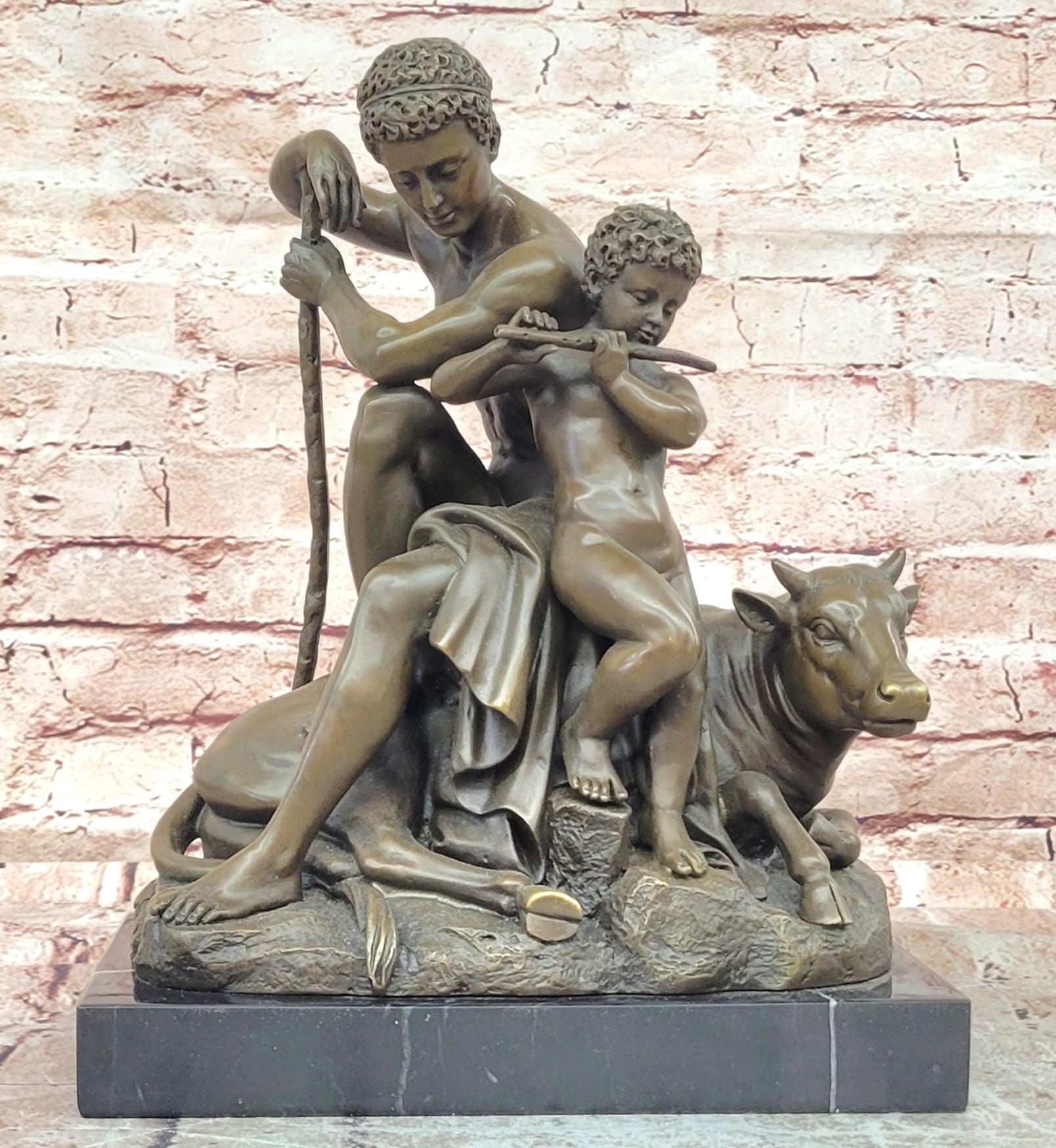 Bronze Sculpture Hercules with a Child playing Flute Resting on top of a Bull Barye