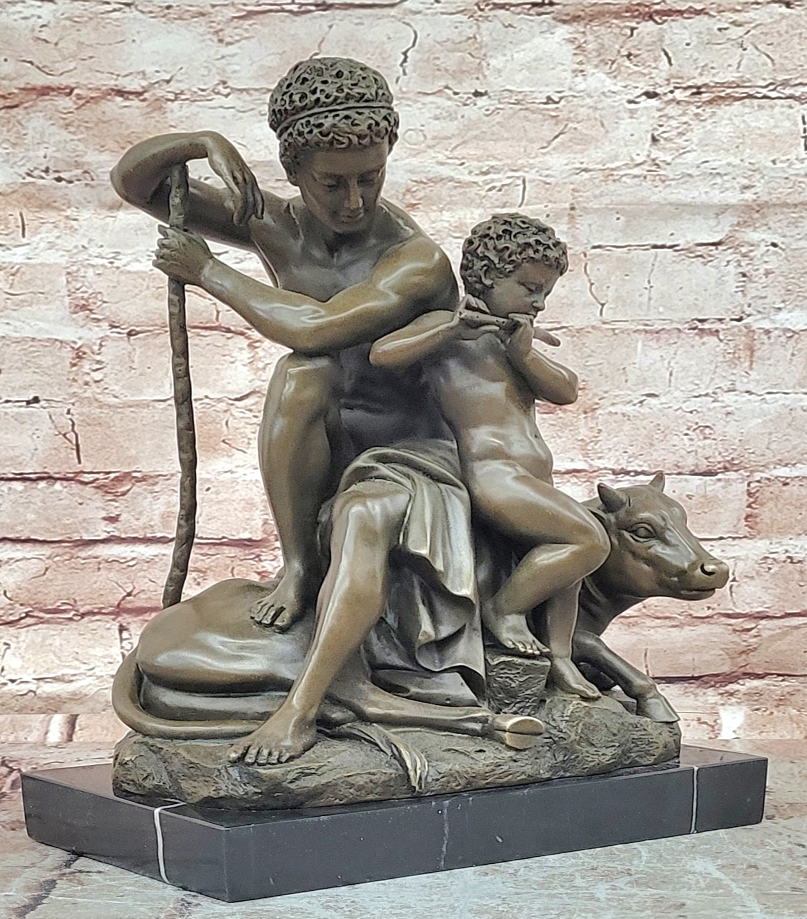 Bronze Sculpture Hercules with a Child playing Flute Resting on top of a Bull Barye