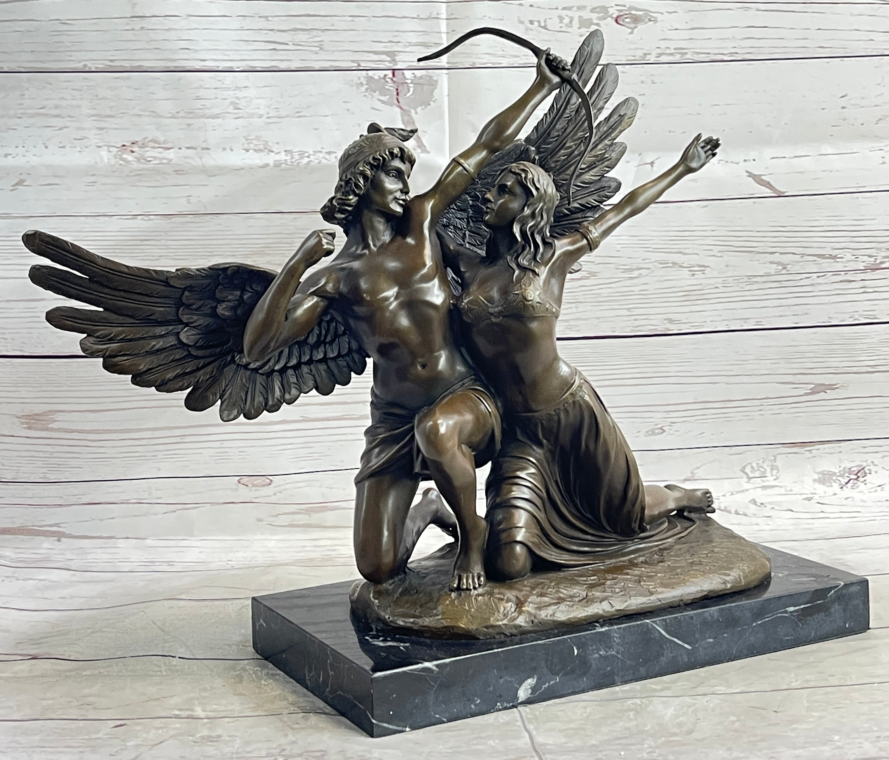 Bronze Sculpture of Winged Lovers Zephyrus & Psyche on Marble Base
