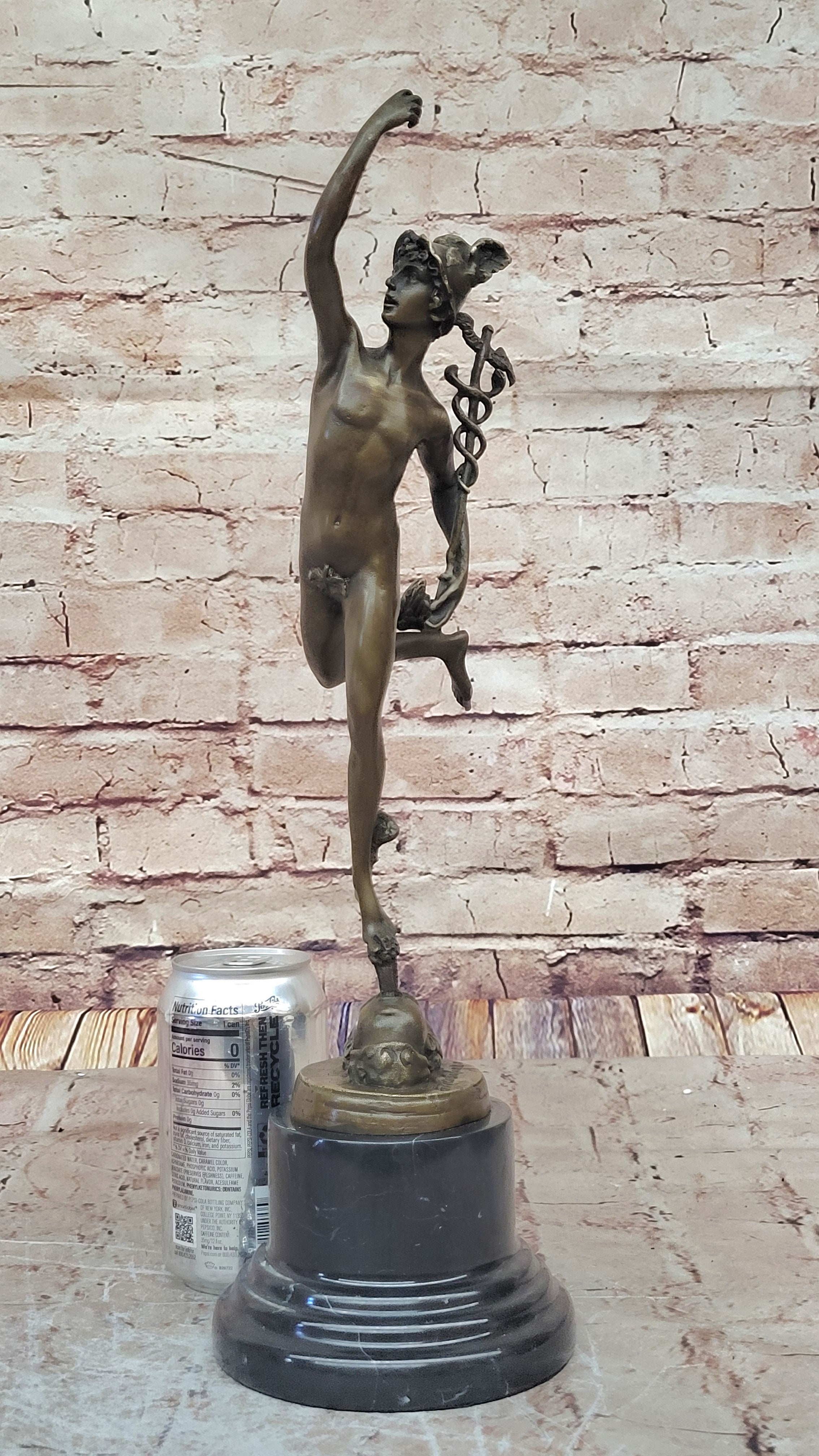 Giambalogna Nude Flying Mercury Hermes w/ Caduceus Bronze Sculpture Statue Figure Marble Base