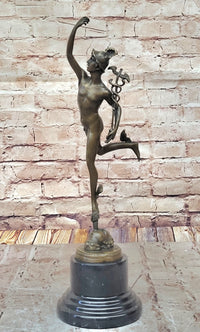 Giambalogna Nude Flying Mercury Hermes w/ Caduceus Bronze Sculpture Statue Figure Marble Base