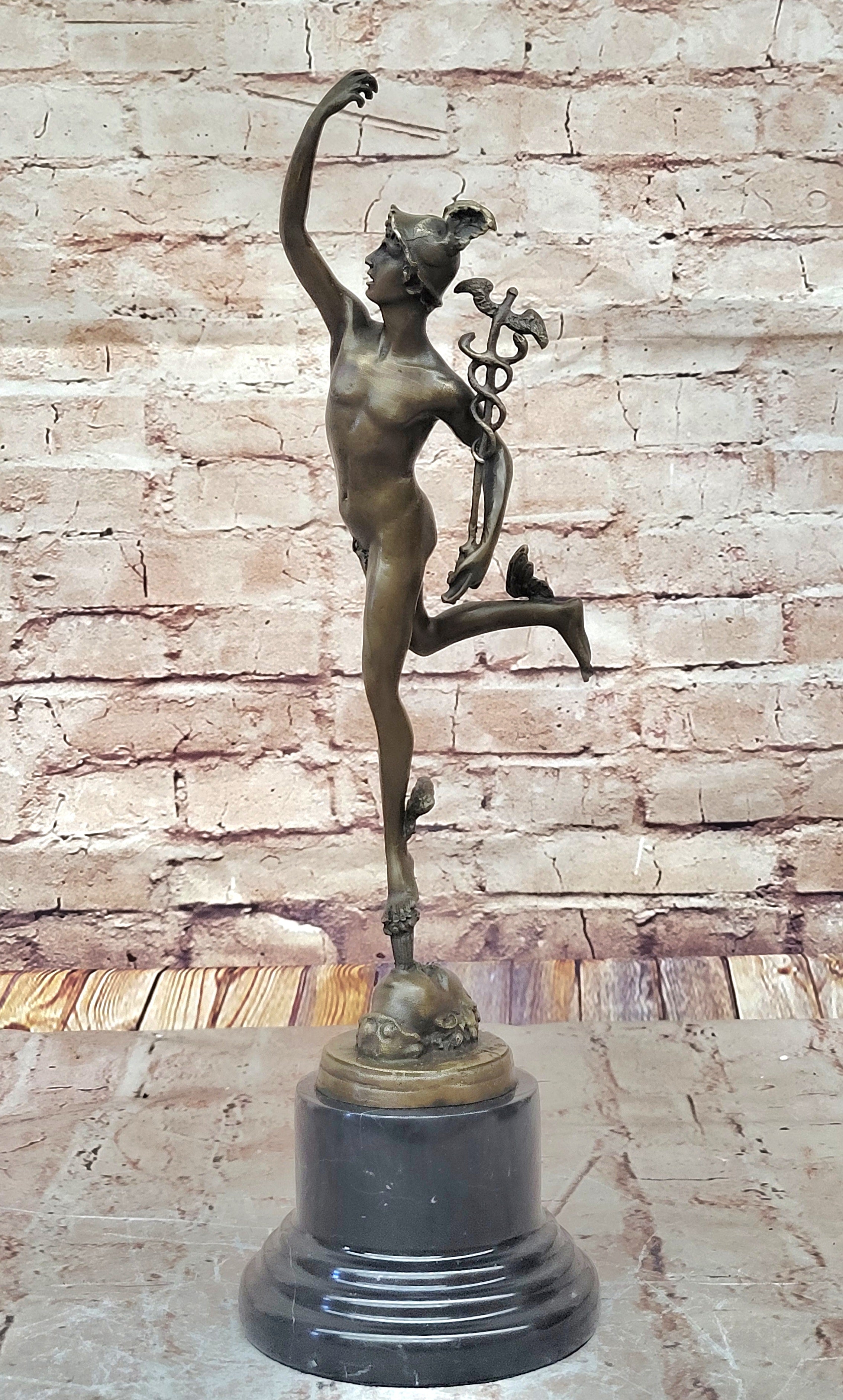 Giambalogna Nude Flying Mercury Hermes w/ Caduceus Bronze Sculpture Statue Figure Marble Base