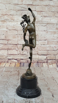 Giambalogna Nude Flying Mercury Hermes w/ Caduceus Bronze Sculpture Statue Figure Marble Base