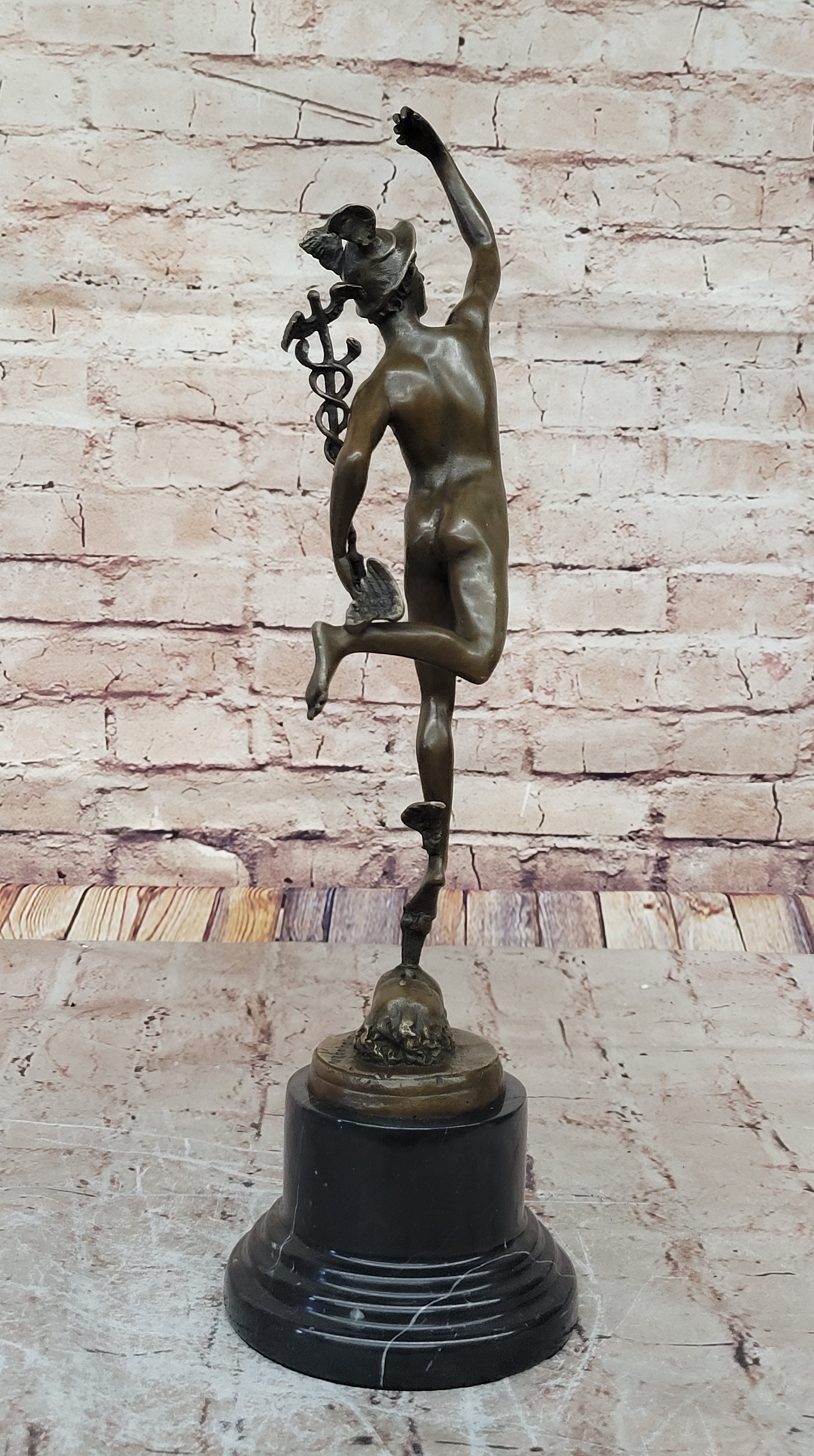Giambalogna Nude Flying Mercury Hermes w/ Caduceus Bronze Sculpture Statue Figure Marble Base