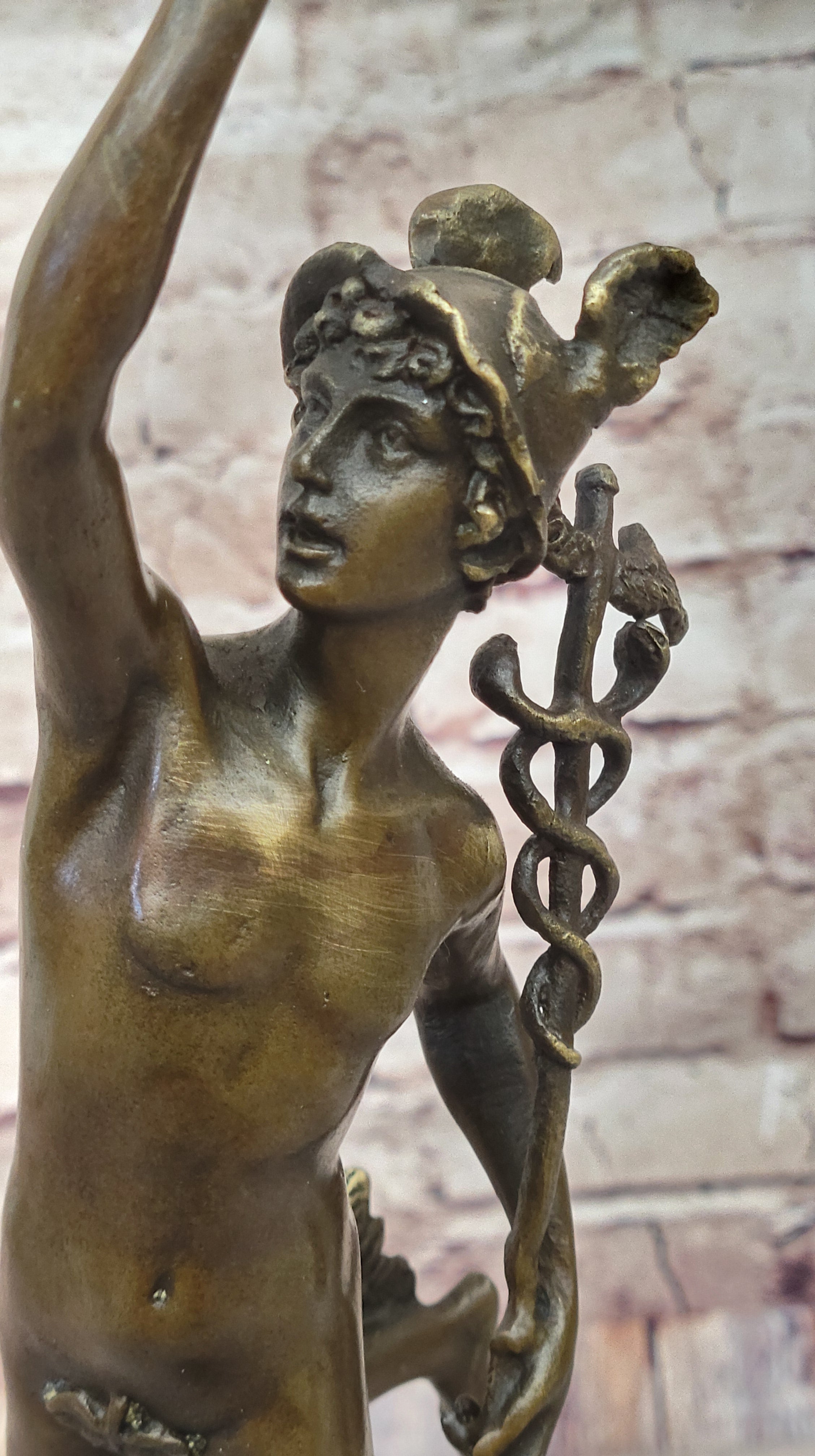 Giambalogna Nude Flying Mercury Hermes w/ Caduceus Bronze Sculpture Statue Figure Marble Base