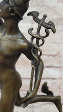 Giambalogna Nude Flying Mercury Hermes w/ Caduceus Bronze Sculpture Statue Figure Marble Base