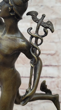 Giambalogna Nude Flying Mercury Hermes w/ Caduceus Bronze Sculpture Statue Figure Marble Base