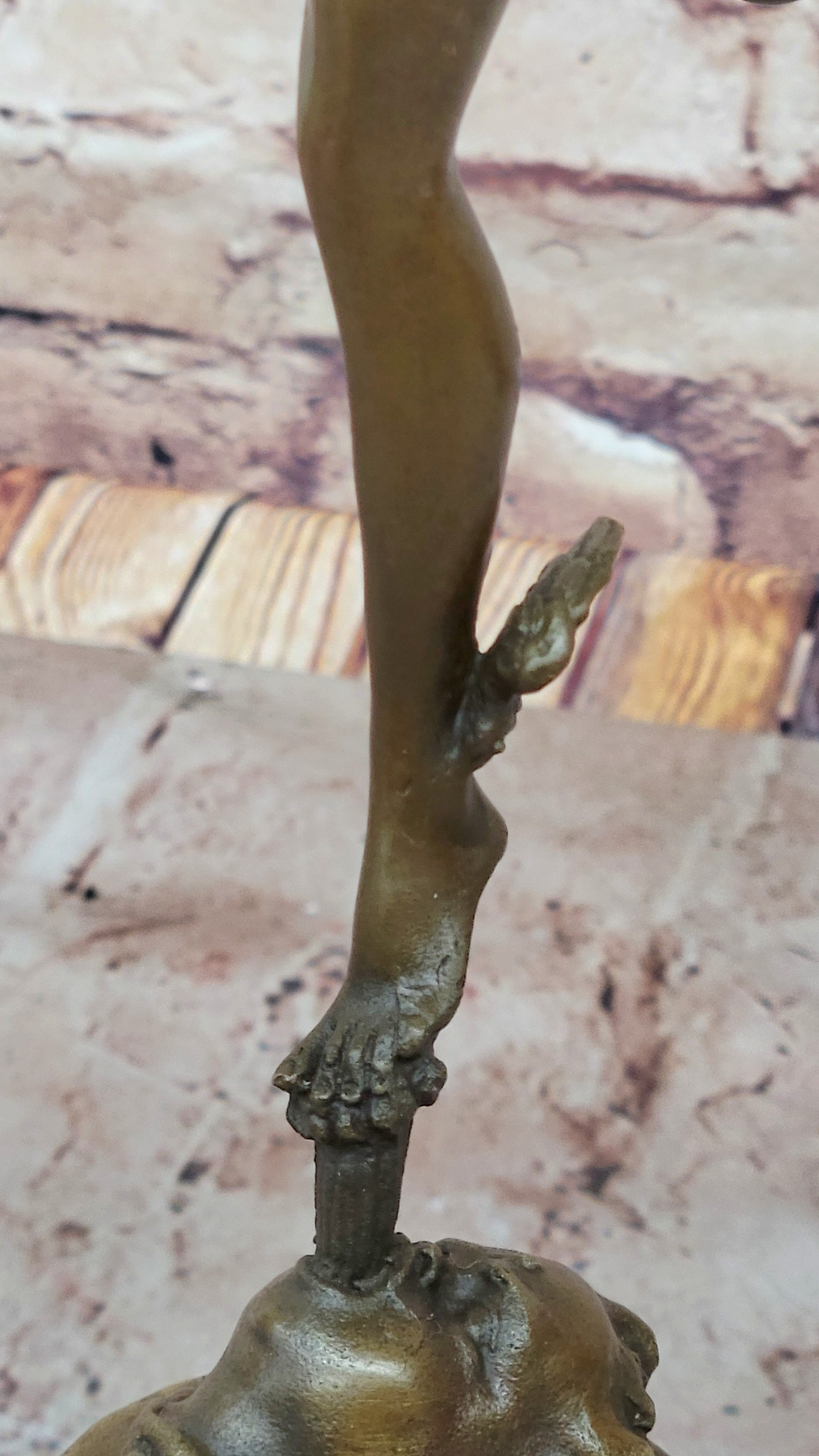 Giambalogna Nude Flying Mercury Hermes w/ Caduceus Bronze Sculpture Statue Figure Marble Base
