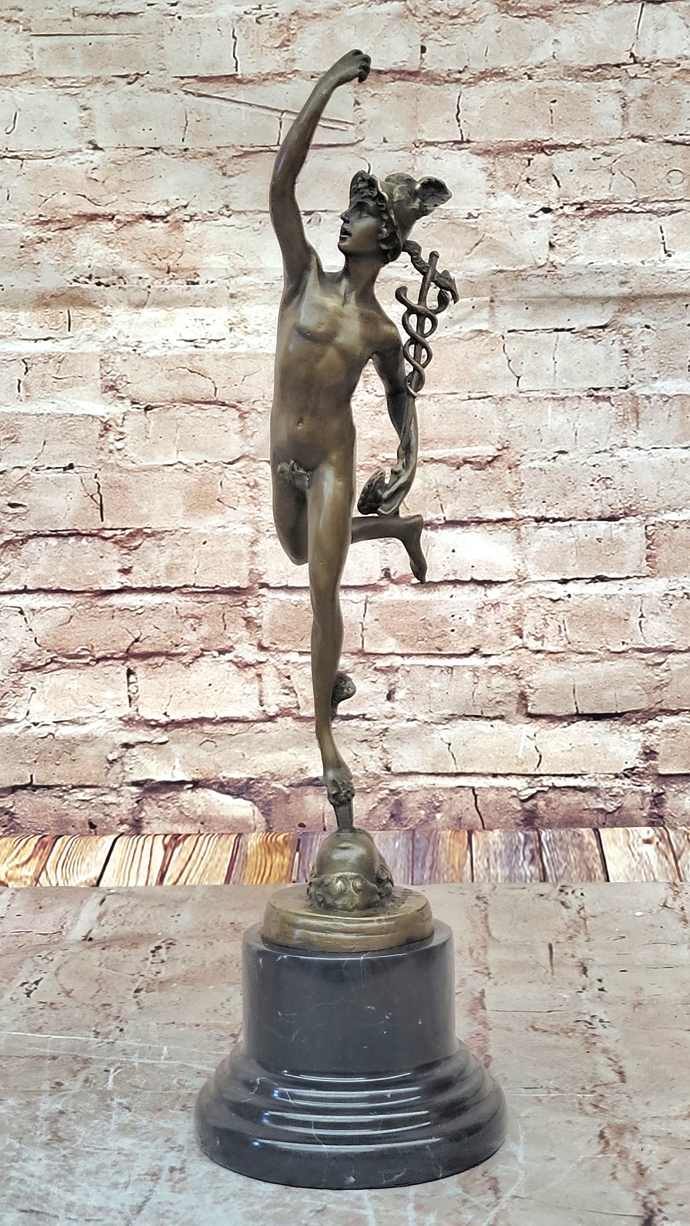 Giambalogna Nude Flying Mercury Hermes w/ Caduceus Bronze Sculpture Statue Figure Marble Base