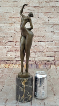 Elegant Bronze Nude Female Sculpture on Decorative Marble Pedestal Base Modern Art Piece