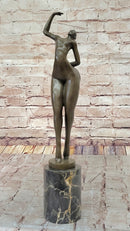 Elegant Bronze Nude Female Sculpture on Decorative Marble Pedestal Base Modern Art Piece