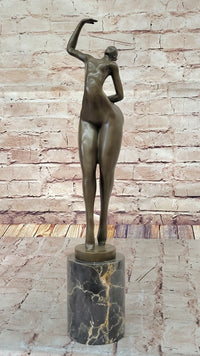 Elegant Bronze Nude Female Sculpture on Decorative Marble Pedestal Base Modern Art Piece