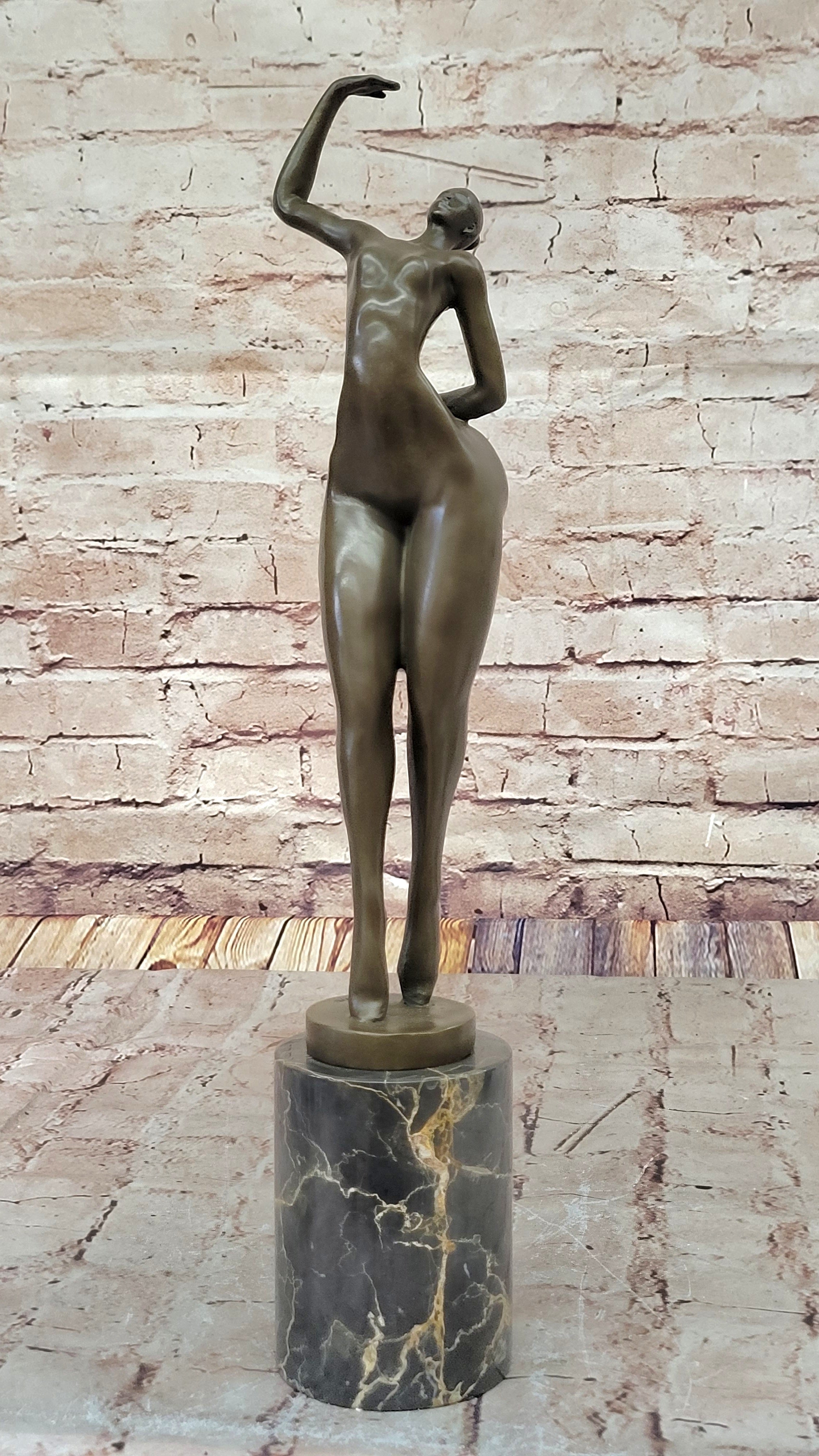 Elegant Bronze Nude Female Sculpture on Decorative Marble Pedestal Base Modern Art Piece
