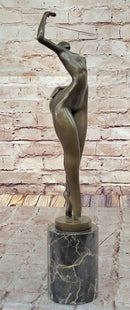 Elegant Bronze Nude Female Sculpture on Decorative Marble Pedestal Base Modern Art Piece