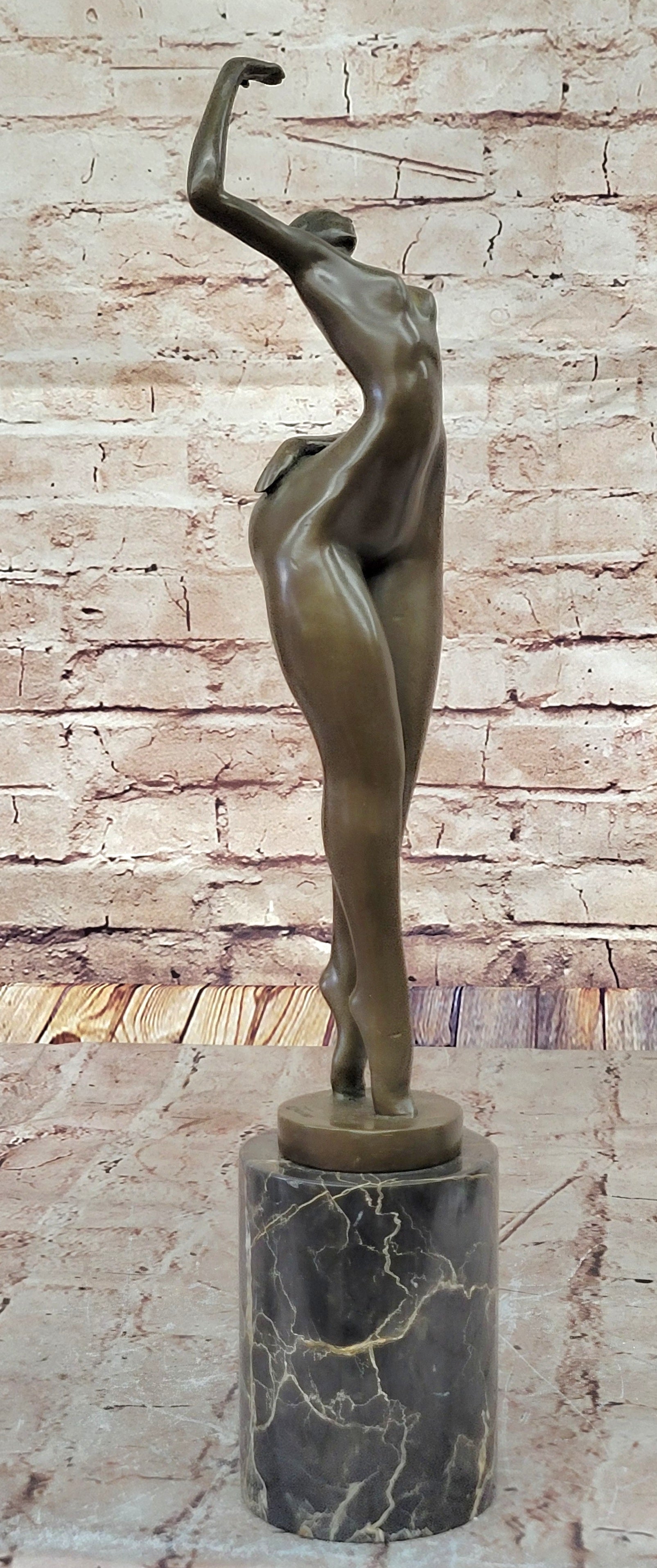 Elegant Bronze Nude Female Sculpture on Decorative Marble Pedestal Base Modern Art Piece