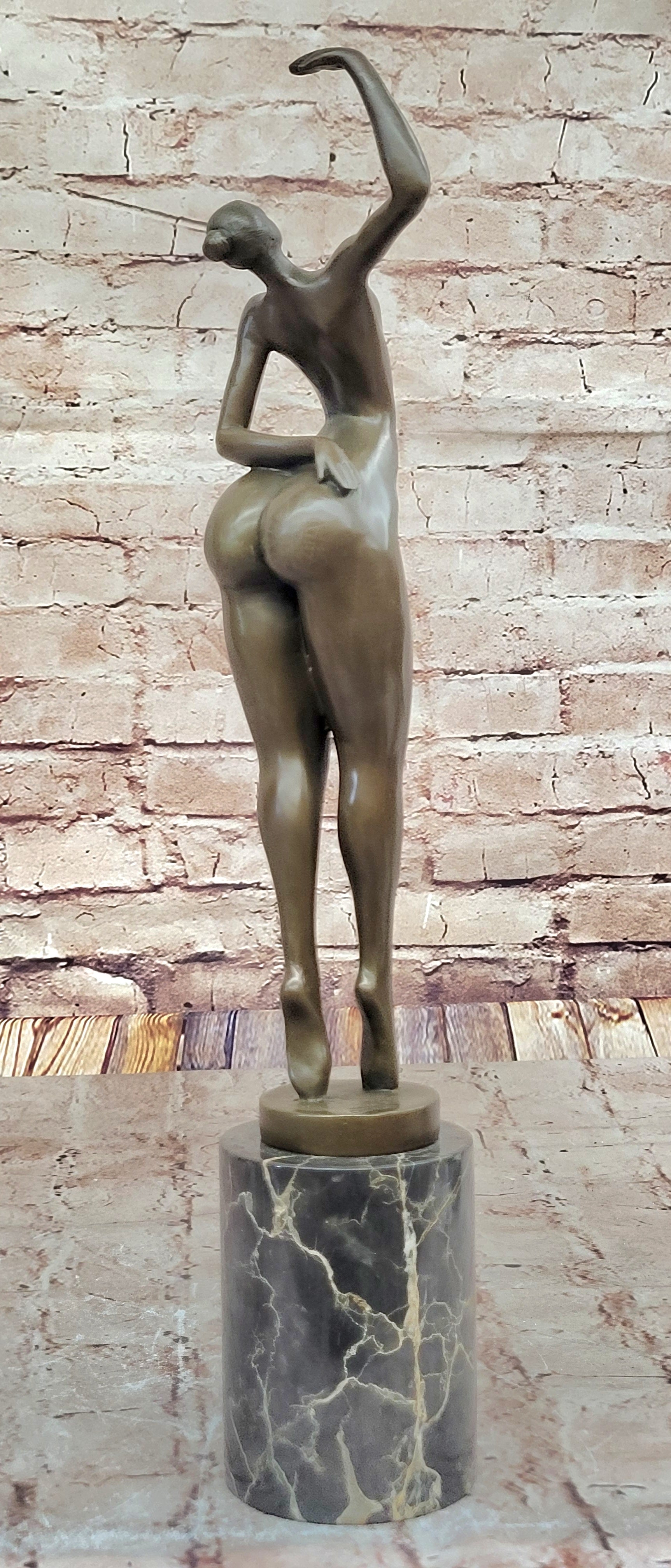 Elegant Bronze Nude Female Sculpture on Decorative Marble Pedestal Base Modern Art Piece