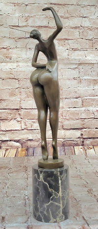 Elegant Bronze Nude Female Sculpture on Decorative Marble Pedestal Base Modern Art Piece