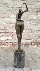 Elegant Bronze Nude Female Sculpture on Decorative Marble Pedestal Base Modern Art Piece