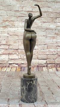 Elegant Bronze Nude Female Sculpture on Decorative Marble Pedestal Base Modern Art Piece