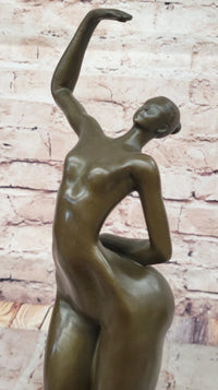 Elegant Bronze Nude Female Sculpture on Decorative Marble Pedestal Base Modern Art Piece