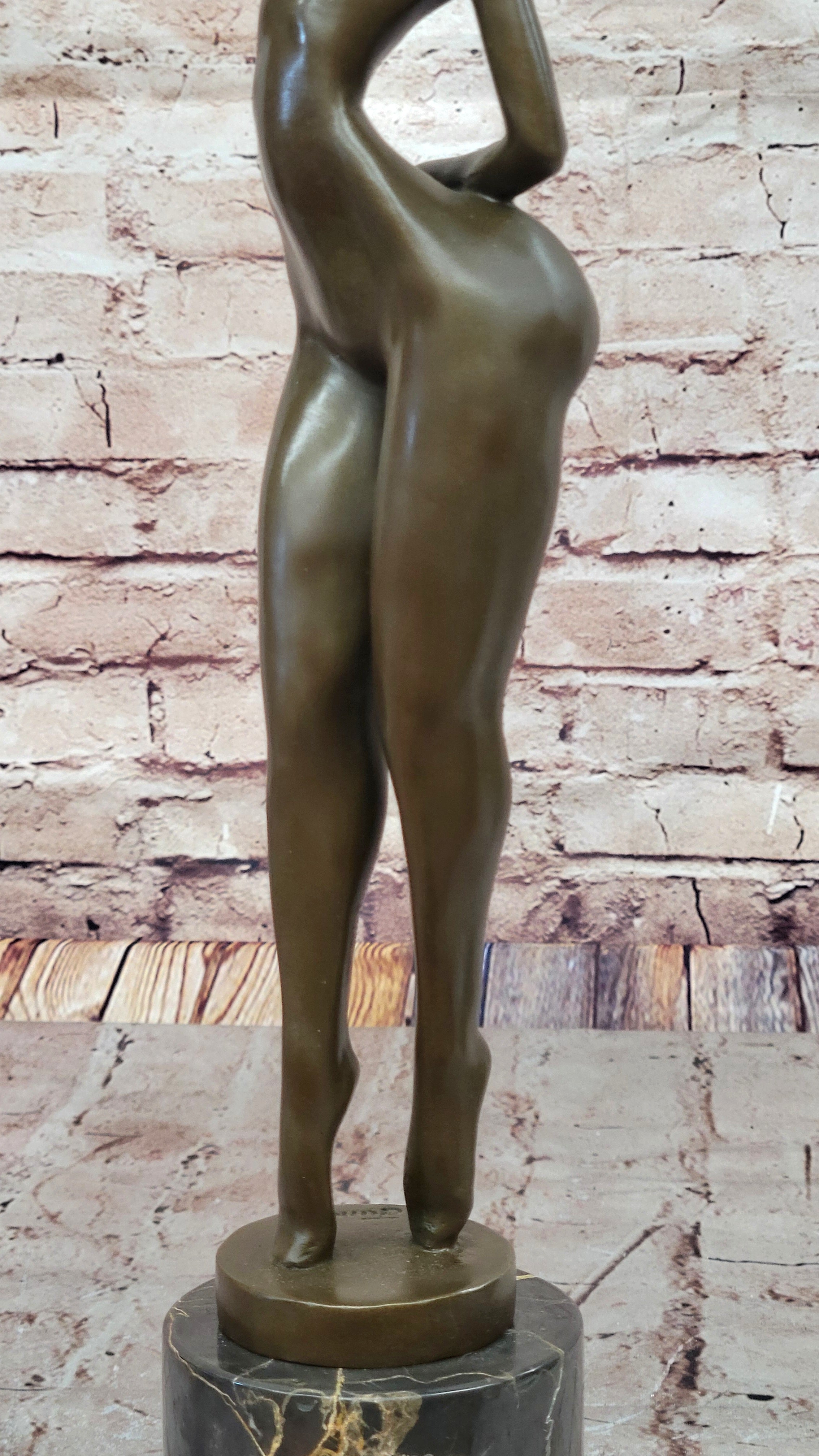 Elegant Bronze Nude Female Sculpture on Decorative Marble Pedestal Base Modern Art Piece