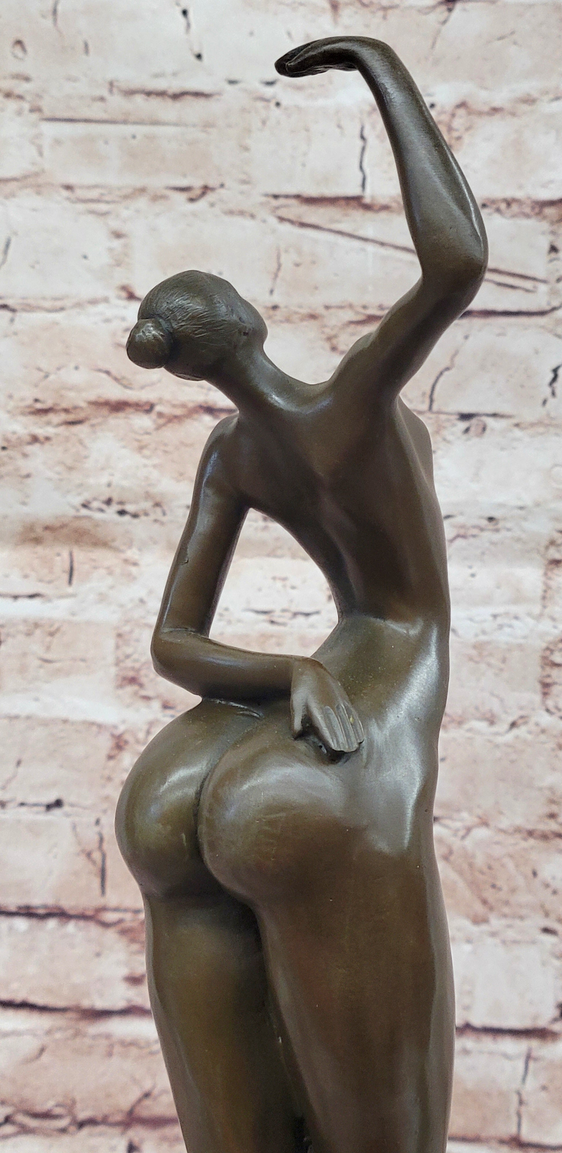 Elegant Bronze Nude Female Sculpture on Decorative Marble Pedestal Base Modern Art Piece