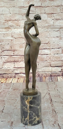 Elegant Bronze Nude Female Sculpture on Decorative Marble Pedestal Base Modern Art Piece