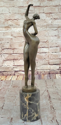 Elegant Bronze Nude Female Sculpture on Decorative Marble Pedestal Base Modern Art Piece