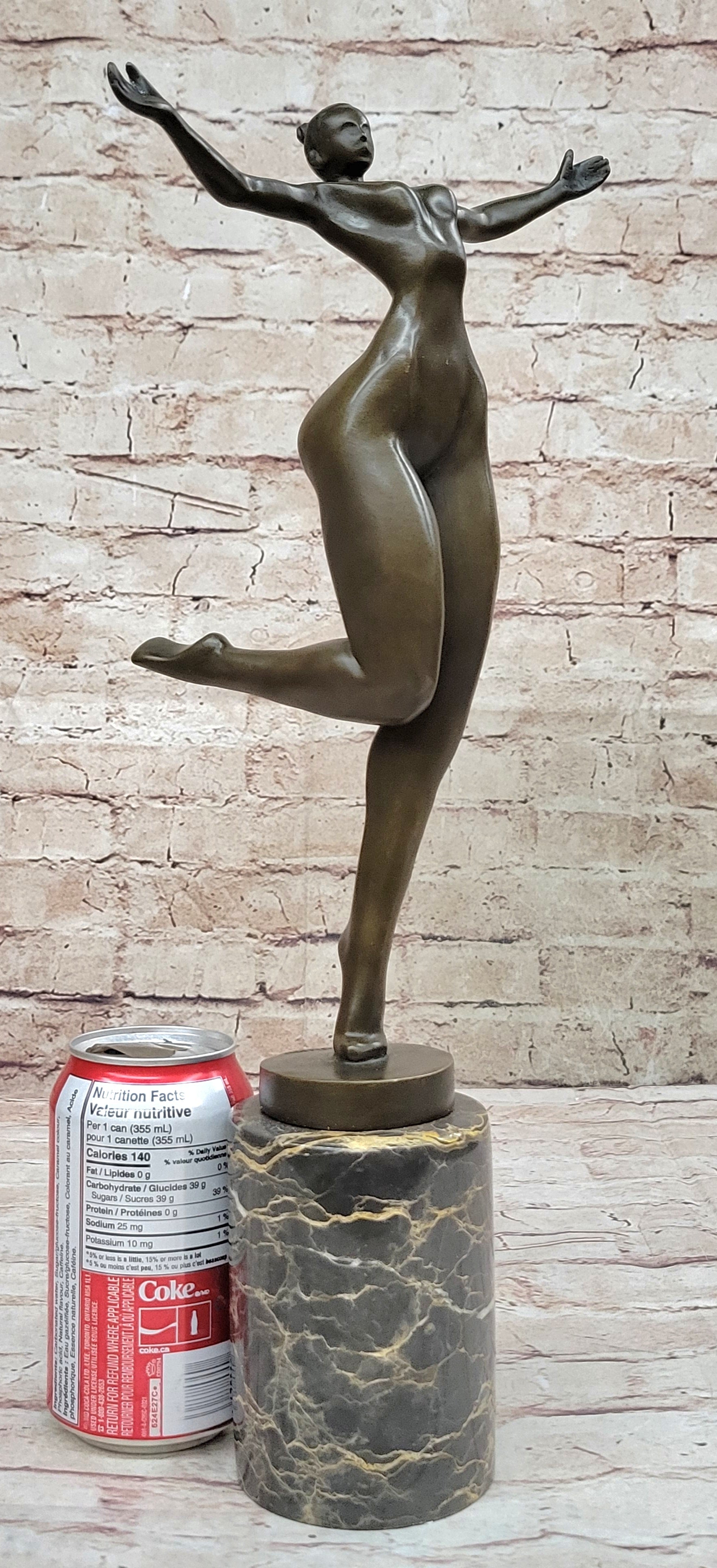 Bronze Sculpture of Proportionally Exaggerated Female Form Nude Fertility Sculpture Dancer Girl on Marble Base