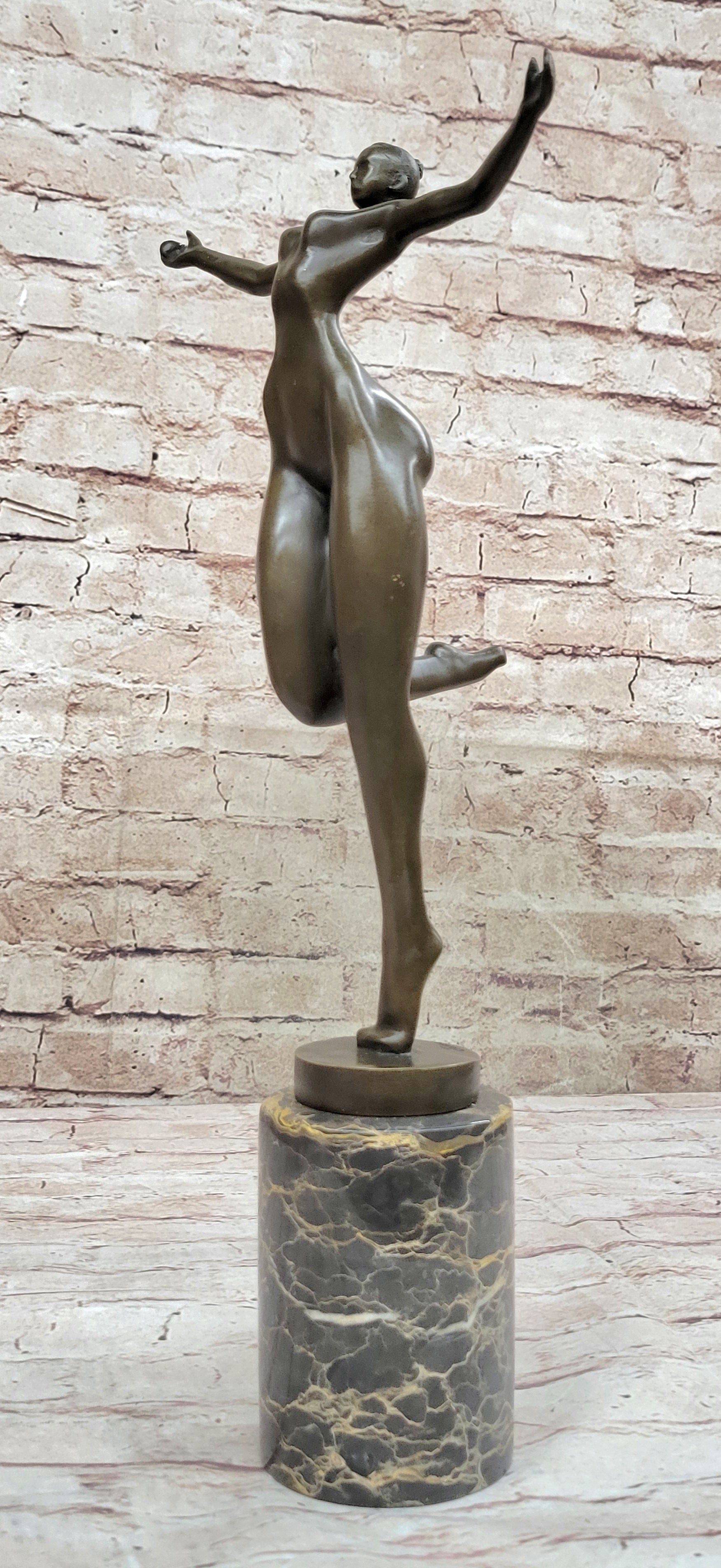 Bronze Sculpture of Proportionally Exaggerated Female Form Nude Fertility Sculpture Dancer Girl on Marble Base