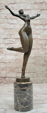 Bronze Sculpture of Proportionally Exaggerated Female Form Nude Fertility Sculpture Dancer Girl on Marble Base