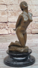 Sexy Nude Female Figure on Her Knees with Hands Behind her Back - Bronze Sculpture by Patoue