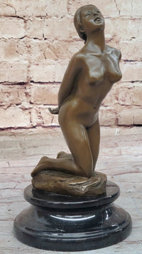 Sexy Nude Female Figure on Her Knees with Hands Behind her Back - Bronze Sculpture by Patoue