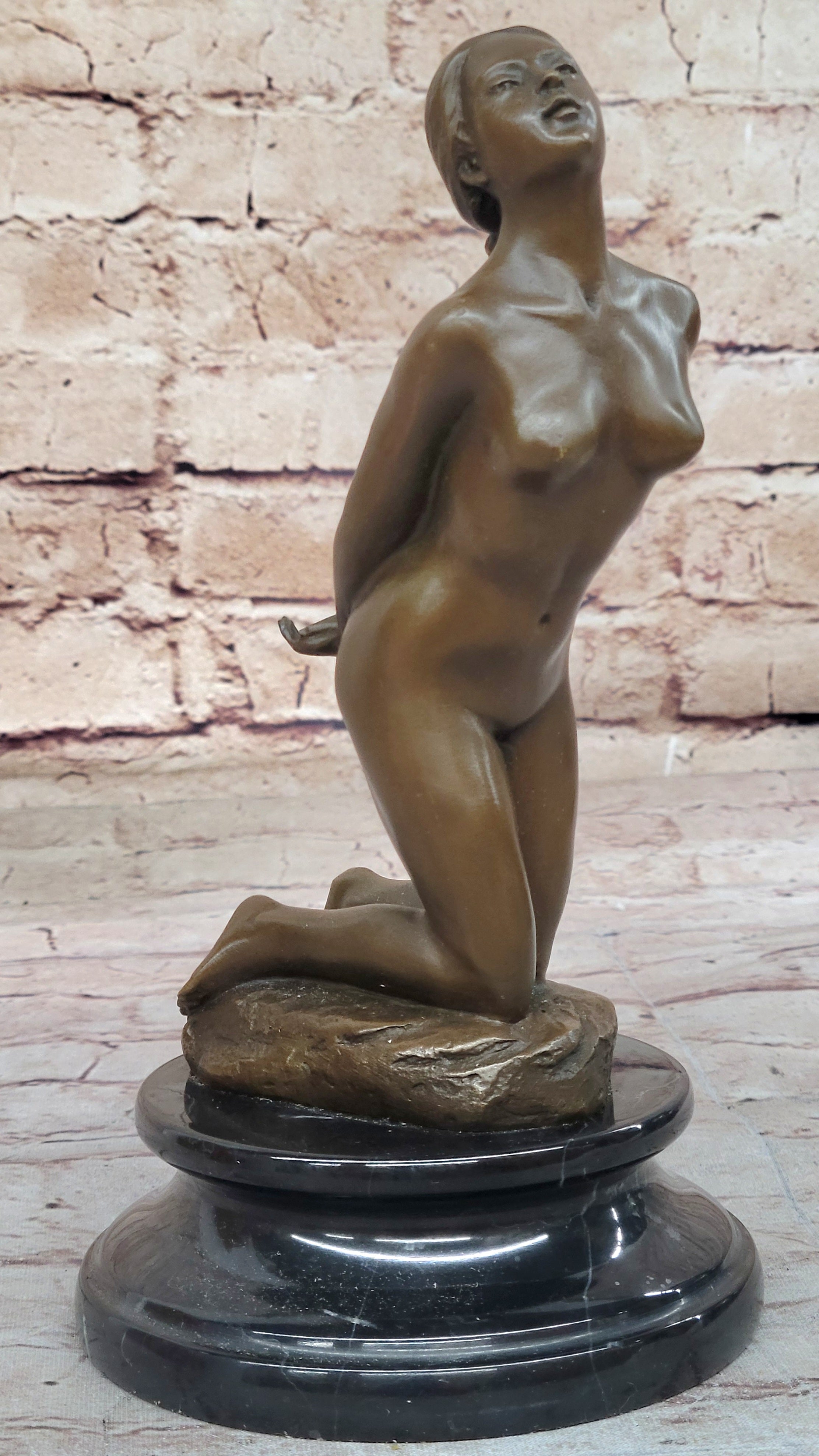 Sexy Nude Female Figure on Her Knees with Hands Behind her Back - Bronze Sculpture by Patoue