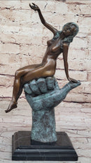 Abstract Modern Art Nude Female Sitting on Hand Bronze Sculpture Figure Figurine