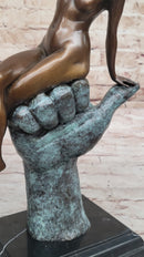 Abstract Modern Art Nude Female Sitting on Hand Bronze Sculpture Figure Figurine