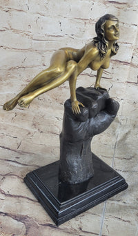 Nude Female Figure Balancing on a Fist Surreal Modern Art Bronze Sculpture Statue