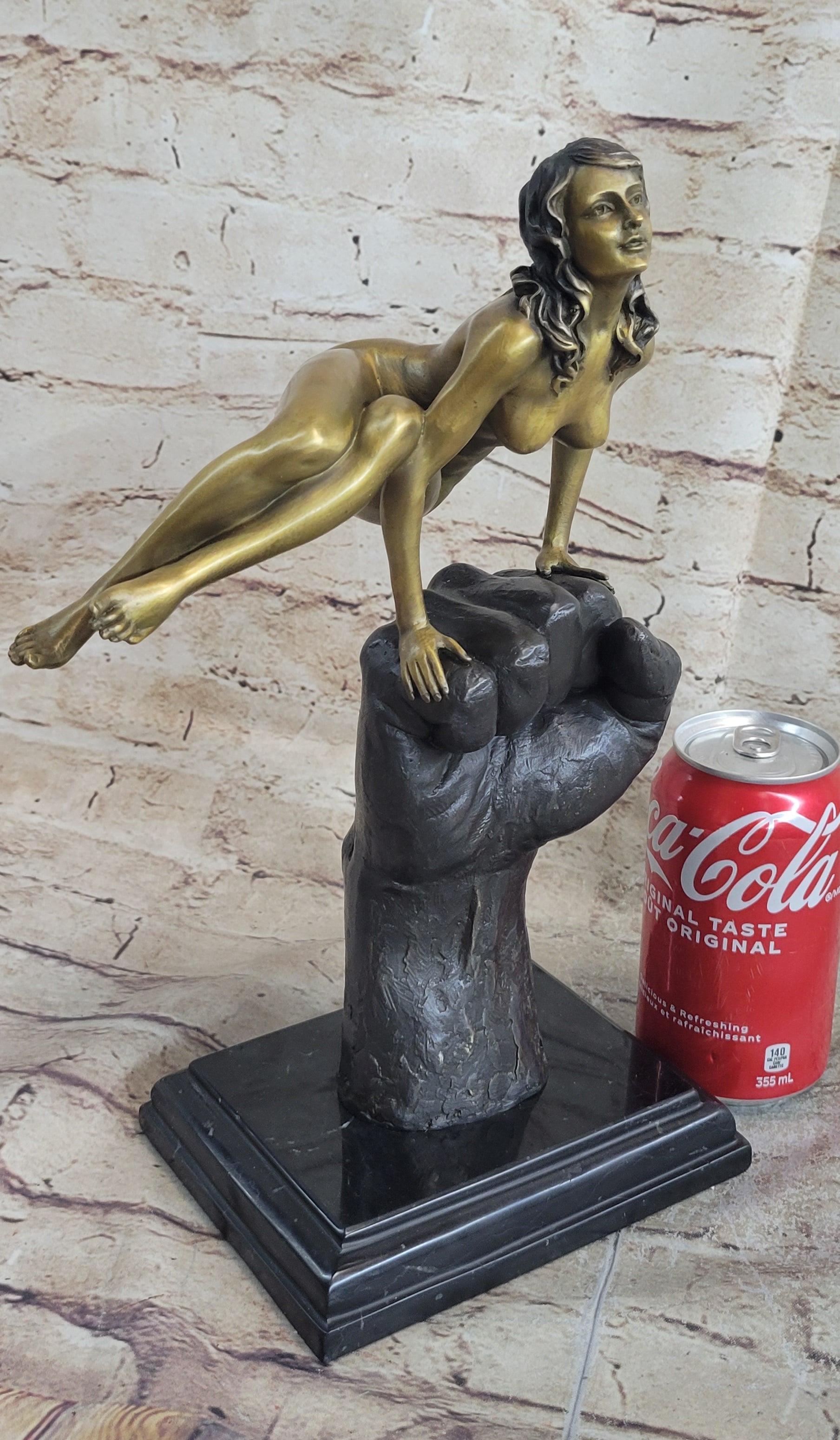 Nude Female Figure Balancing on a Fist Surreal Modern Art Bronze Sculpture Statue