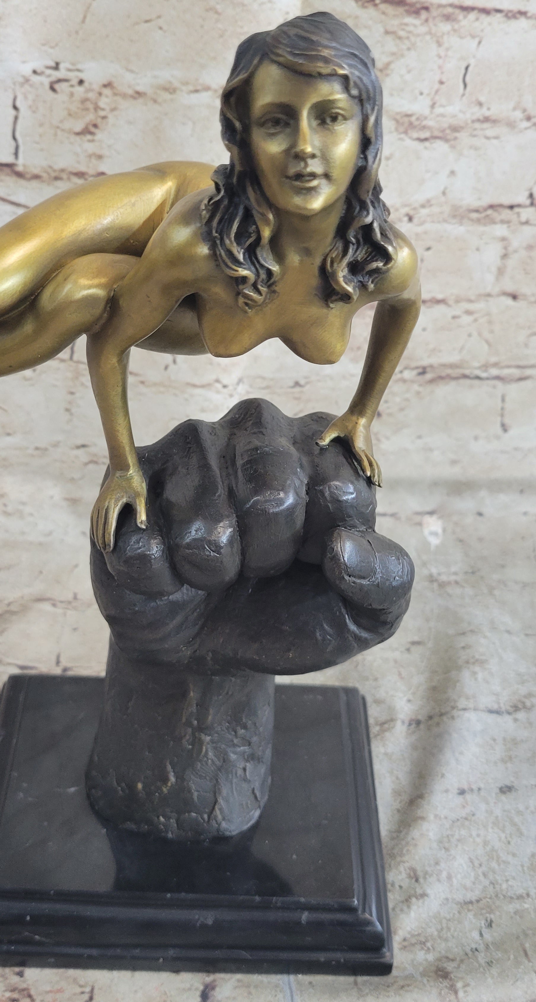Nude Female Figure Balancing on a Fist Surreal Modern Art Bronze Sculpture Statue