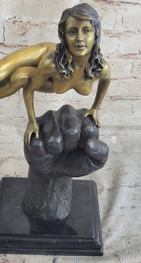 Nude Female Figure Balancing on a Fist Surreal Modern Art Bronze Sculpture Statue