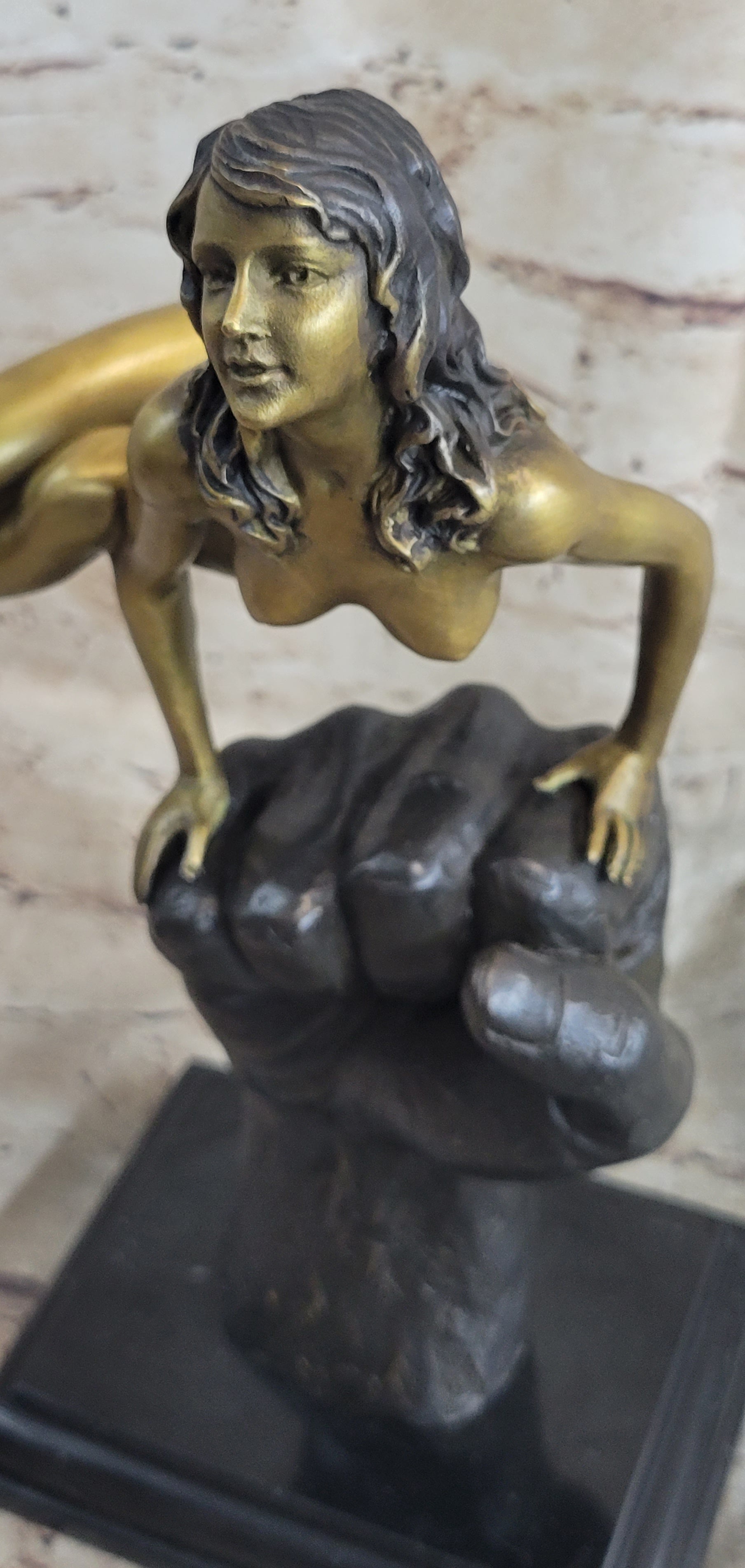 Nude Female Figure Balancing on a Fist Surreal Modern Art Bronze Sculpture Statue