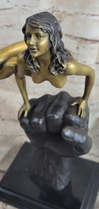 Nude Female Figure Balancing on a Fist Surreal Modern Art Bronze Sculpture Statue