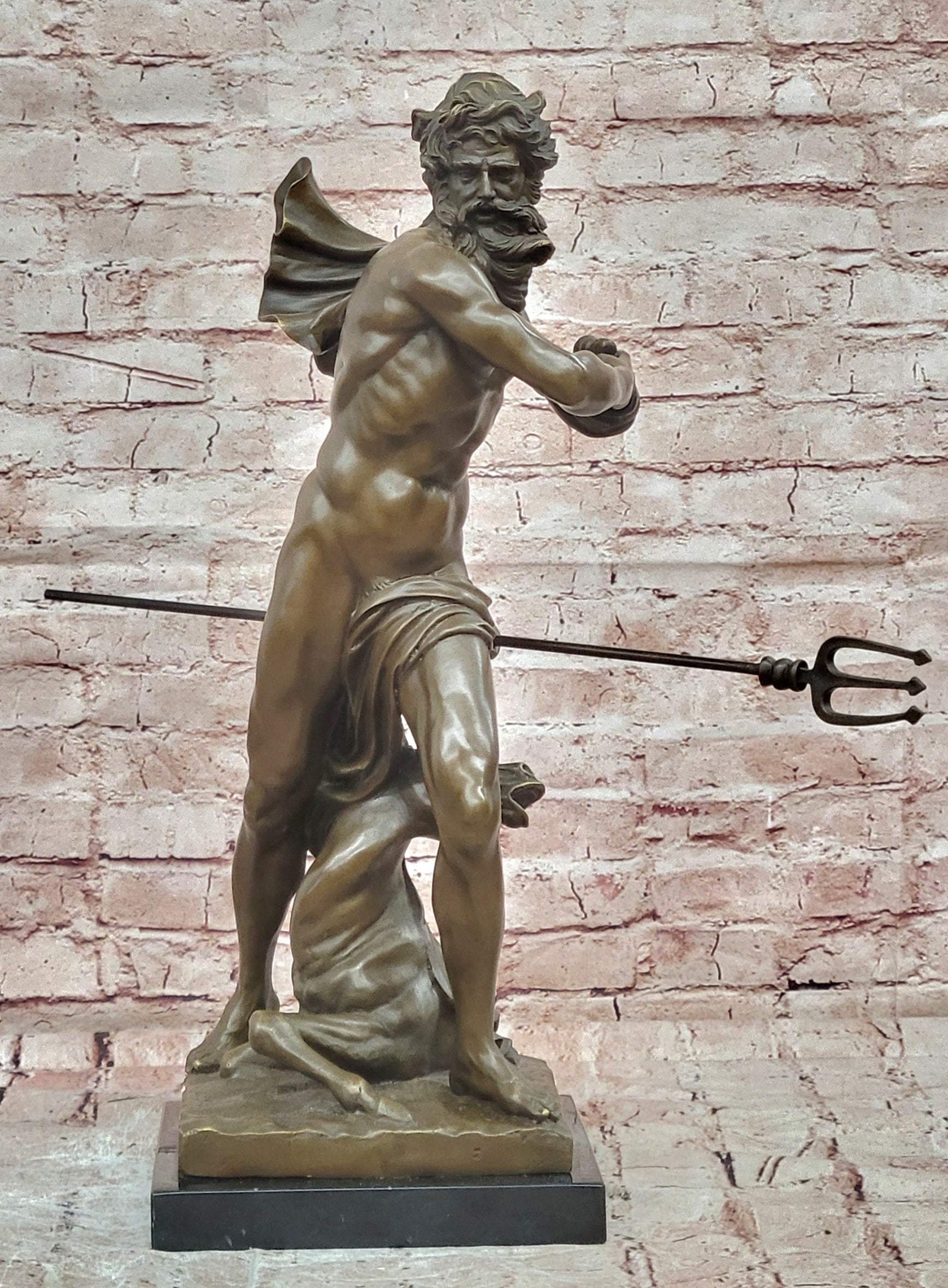 Poseidon (Neptune) Hippocampus Monumental Bronze Sculpture Marble Cesaro Decor
