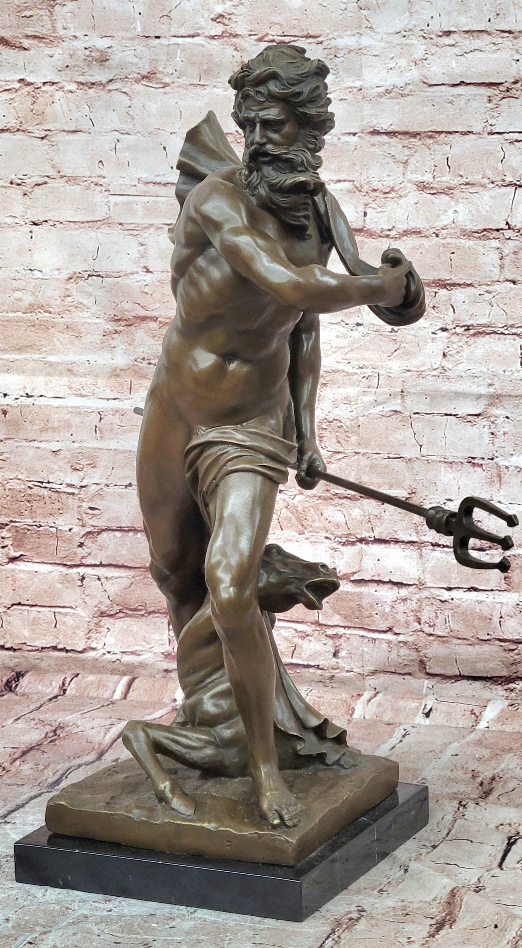 Poseidon (Neptune) Hippocampus Monumental Bronze Sculpture Marble Cesaro Decor